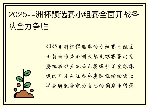 2025非洲杯预选赛小组赛全面开战各队全力争胜