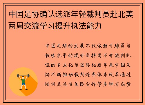 中国足协确认选派年轻裁判员赴北美两周交流学习提升执法能力 中国足协确认选派年轻裁判员赴北美两周交流学习提升执法能力