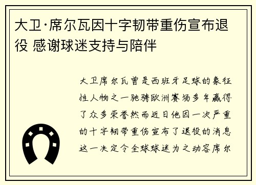 大卫·席尔瓦因十字韧带重伤宣布退役 感谢球迷支持与陪伴 大卫·席尔瓦因十字韧带重伤宣布退役 感谢球迷支持与陪伴